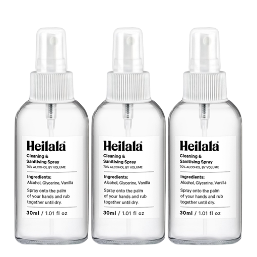 Heilala Cleaning & Sanitising Spray 30ml/1.01 fl oz in glass bottle with pump dispenser lid (3 Bottle Bundle)