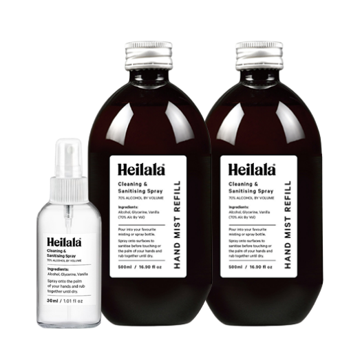 2 x Heilala Cleaning & Sanitising Spray 500ml/16.90 fl oz Refill PET plastic bottles plus 1 x Heilala Cleaning & Sanitising spray 30ml/1.01 fl oz glass bottle with pump dispenser lid