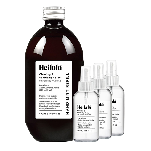Heilala Cleaning & Sanitising Spray 500ml Refil PET Plastic bottle plus 3 x Heilala Cleaning & Sanitising Spray 30ml/1.01 fl oz glass bottles with pump dispenser lid