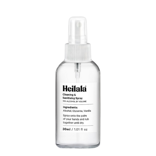 Heilala Cleaning & Sanitising Spray 30ml/1.01 fl oz in glass bottle with pump dispenser lid